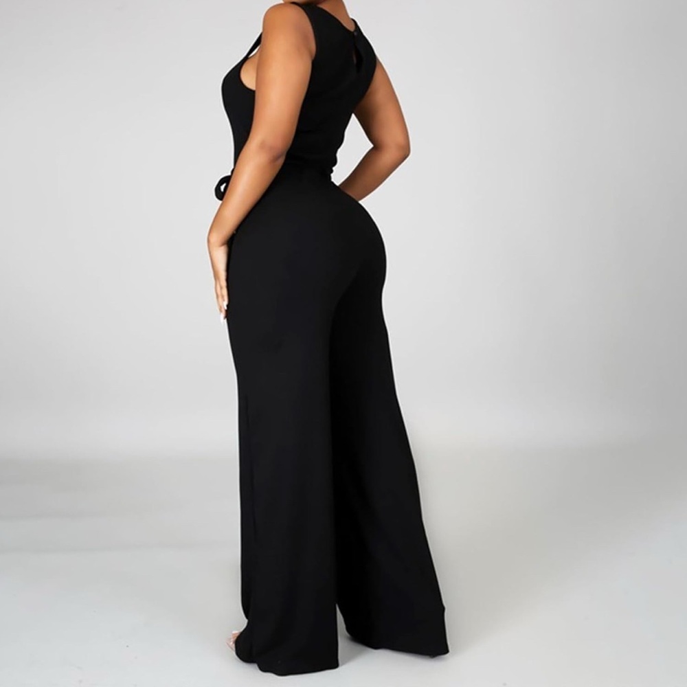 Black Sleeveless Button Front Belted Tie Waist Jumpsuit | Small - Picture 2 of 10